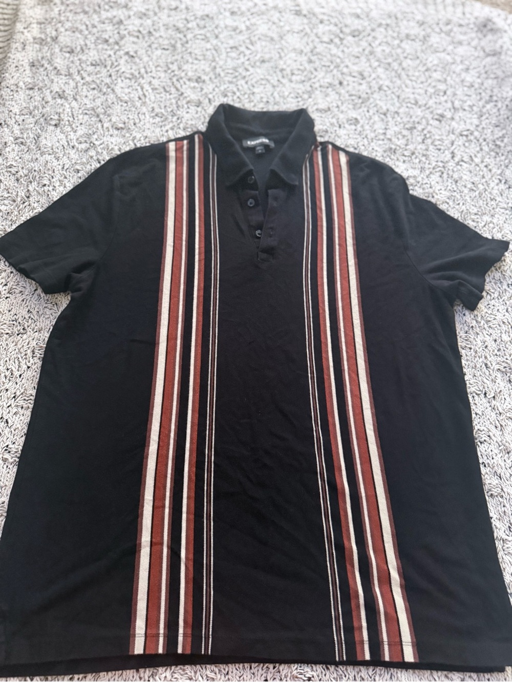 Express Black Polo with Burgundy and Cream Vertical Stripes